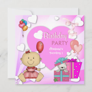First Birthday 1st Party Cute Pink Hearts Girls 3 Invitation