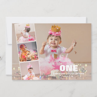 First Birthday 4 Photo Collage Birth Announcement