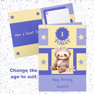 First Birthday add name cute sloth 1 today yellow Card