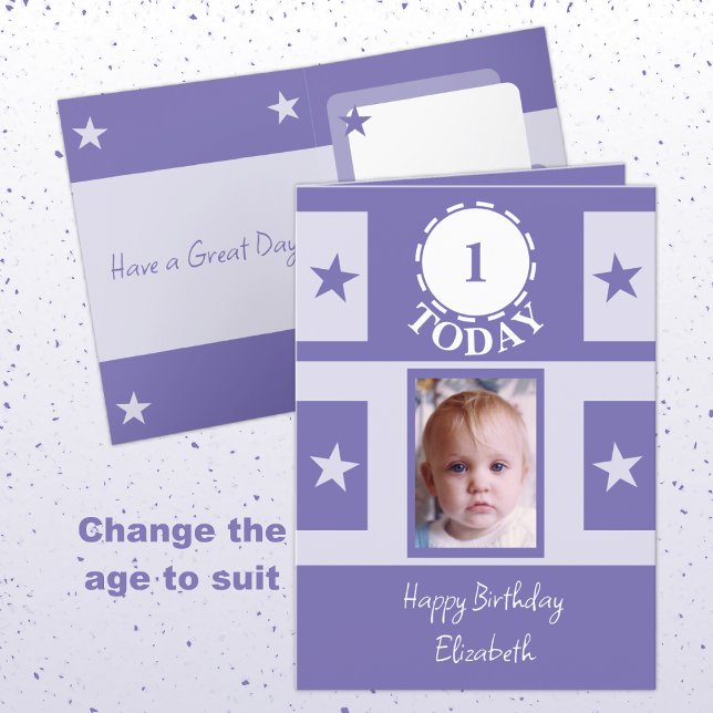 First Birthday add name photo 1 today purple Card (Creator Uploaded)