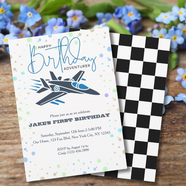First Birthday Aeroplane Jet Fighter Boy Blue Blac Invitation (Creator Uploaded)