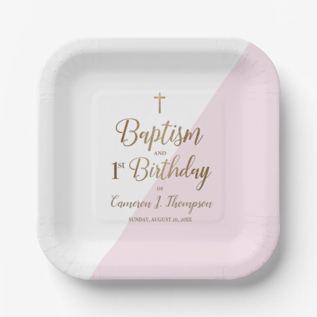 First birthday and baptism Pink Gold Cross Custom  Paper Plate (Front)