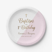 First birthday and baptism Pink Gold Cross Modern