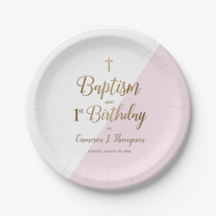 First birthday and baptism Pink Gold Cross Modern  Paper Plate