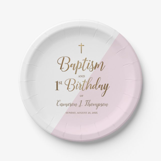 First birthday and baptism Pink Gold Cross Modern  Paper Plate (Front)