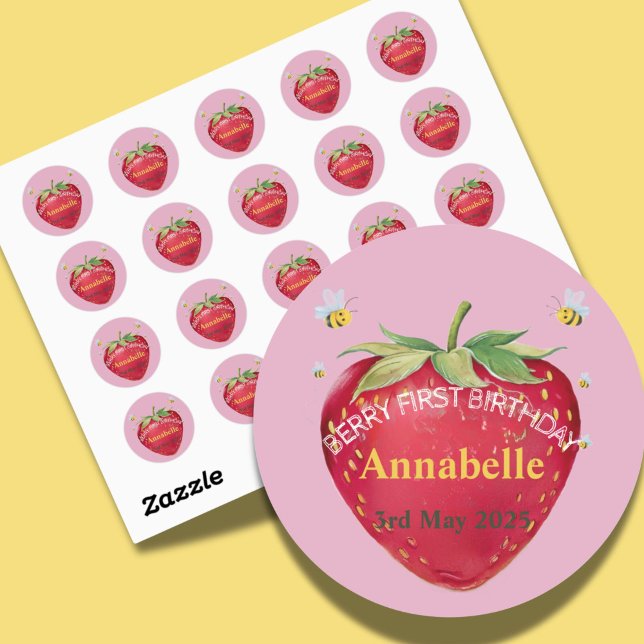 First birthday Baby 1st Strawberry Cute Classic Round Sticker (Creator Uploaded)