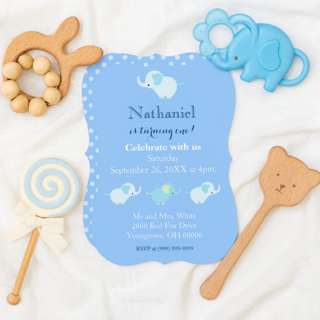 First Birthday Baby Boy Blue Elephants Invitation (Creator Uploaded)