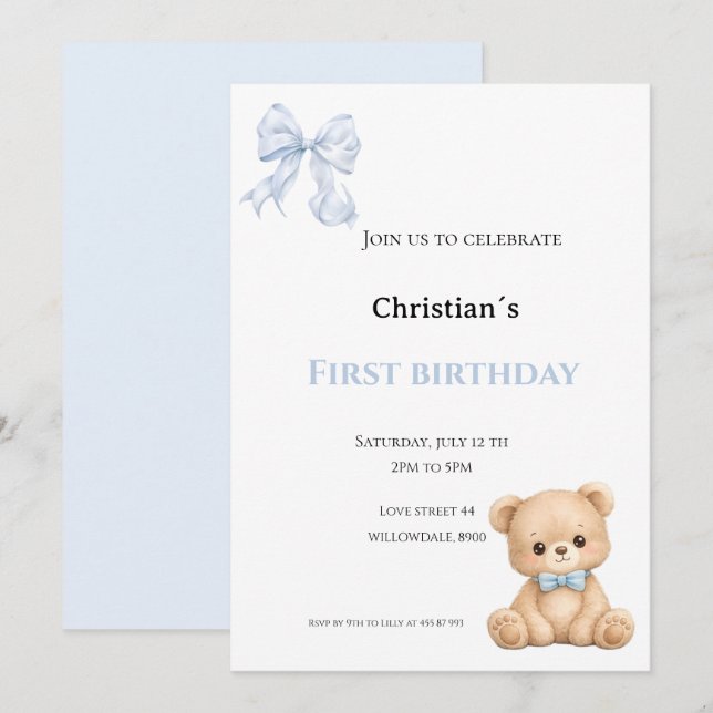 First Birthday baby boy Invitation (Front/Back)