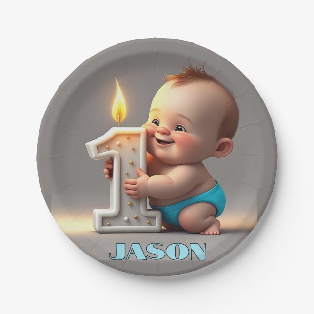 " FIRST BIRTHDAY BABY BOY " PAPER PLATE (Front)