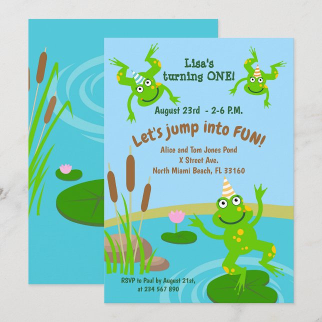 First birthday baby frog family party  invitation (Front/Back)