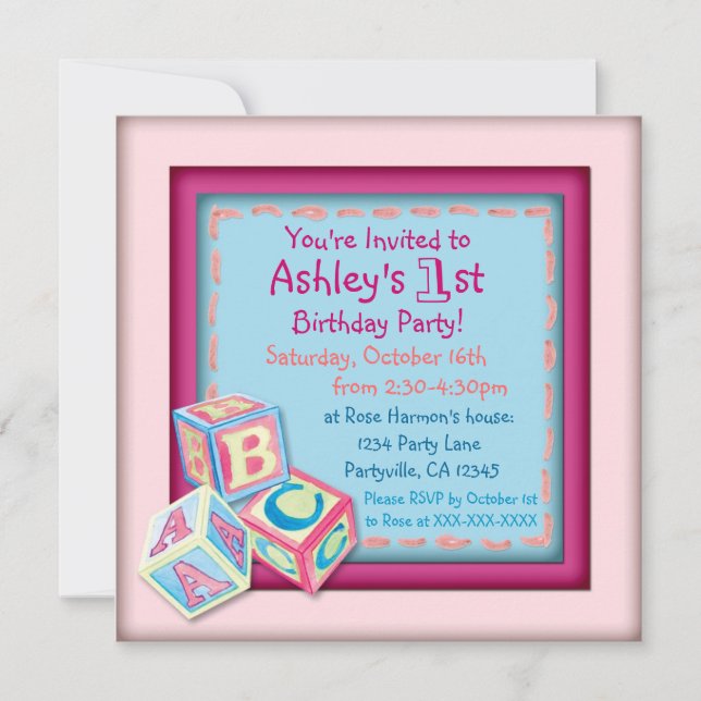 First birthday baby girls party invitations (Front)