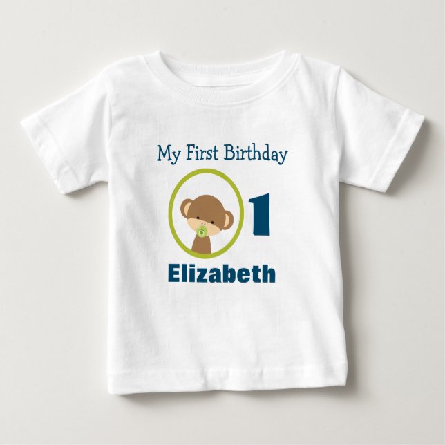 First Birthday Baby Safari Monkey with Pacifier Baby T-Shirt (Front)