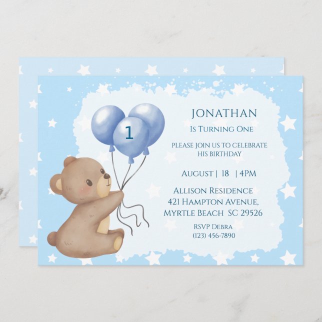 First Birthday Balloon Bear Invitations (Front/Back)