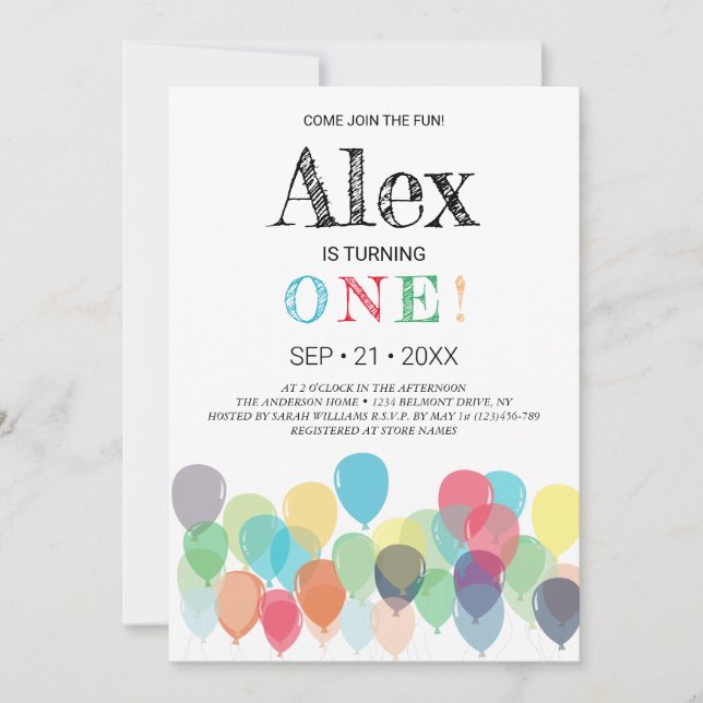 First Birthday Balloons Party Invitation (Front)