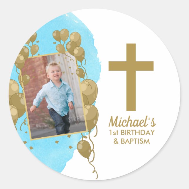First Birthday Baptism Gold Balloons Photo Boy Classic Round Sticker (Front)