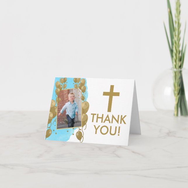 First Birthday Baptism Gold Balloons Photo Boy Thank You Card (Front)
