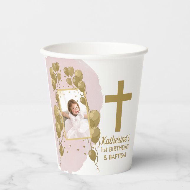 First Birthday Baptism Pink Gold Balloons Photo Paper Cups (Front)