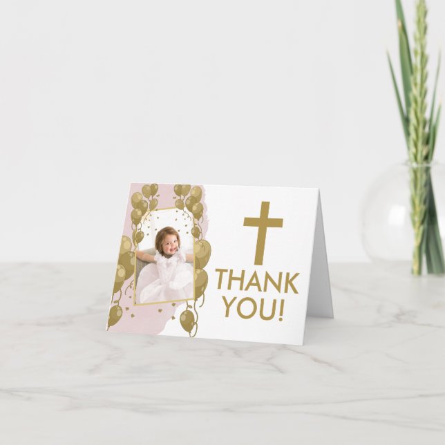 First Birthday Baptism Pink Gold Balloons Photo Thank You Card (Front)