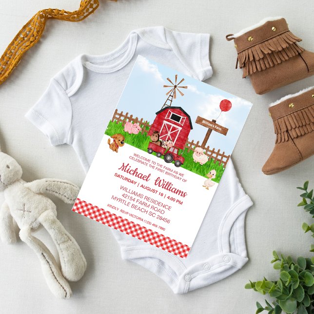 First Birthday Barnyard Farm Animals Invitation (Cute Farm Theme Birthday)