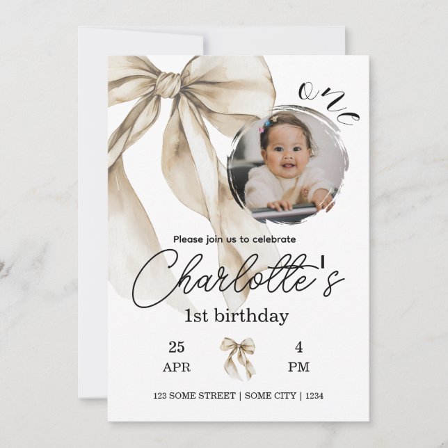 First Birthday Beige Bow Neutral Invitation Photo (Front)