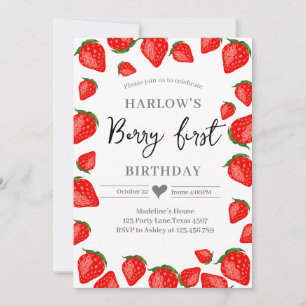 First Birthday Berry Girl Cute Strawberries 1st I Invitation