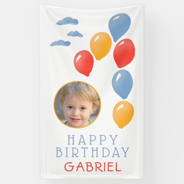First Birthday Blue Balloon Kid`s Birthday Photo Banner (Vertical)