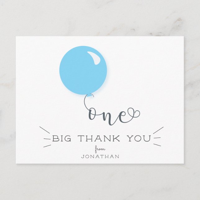 First Birthday Blue Balloon Thank you Postcard (Front)