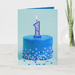 First Birthday Blue Cake and Candle Card<br><div class="desc">A beautiful birthday greeting card features a blue cake with a number 1 candle and sprinkles on the front and your custom greeting - or use ours - on the inside. You can change the saying,  the fonts,  the colours,  add names and a signature line,  too!</div>