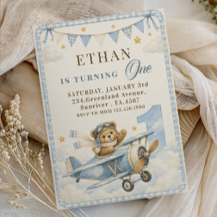First Birthday Blue Gingham Teddy Bear Aeroplane Invitation