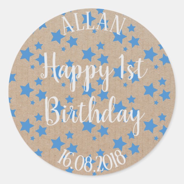 First Birthday Blue Stars Craft Paper Classic Round Sticker (Front)