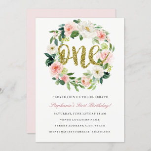 First Birthday Blush Gold Floral Wreath Invitation