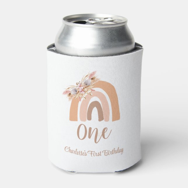 First Birthday Bohemian Floral Rainbow Pastel Can Cooler (Can Front)