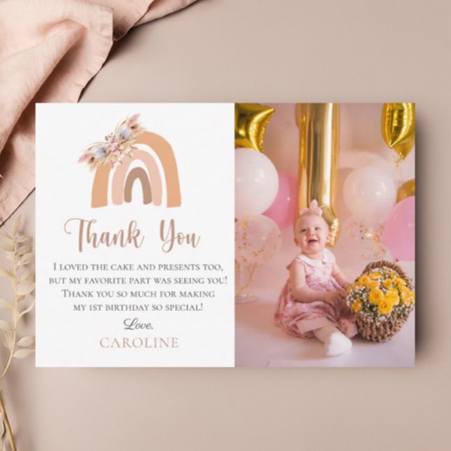 First Birthday Bohemian Floral Rainbow Pastel Thank You Card (Creator Uploaded)