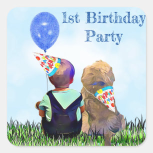 First Birthday Boy and Dog Square Sticker