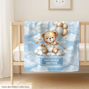 First birthday boy blanket with blue gold teddy