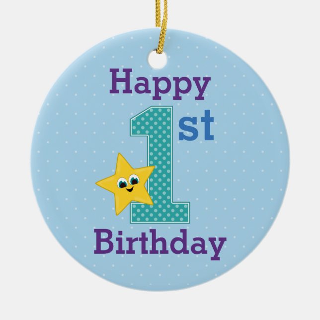 First Birthday Boy, Blue with Yellow Star Ceramic Ornament (Front)