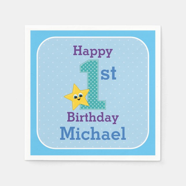 First Birthday Boy, Blue, Yellow Star with Name Napkin (Front)