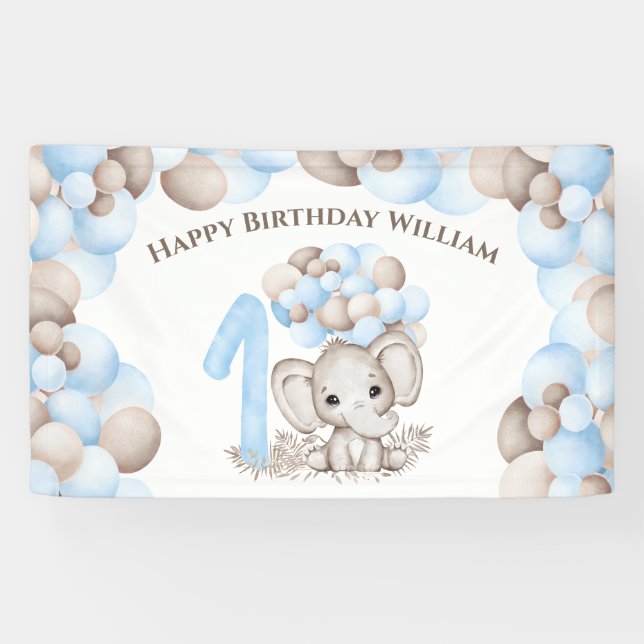 First Birthday Boy Cute Elephant Banner (Horizontal)