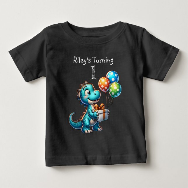 First Birthday Boy Dinosaur Name and Age Baby T-Shirt (Front)