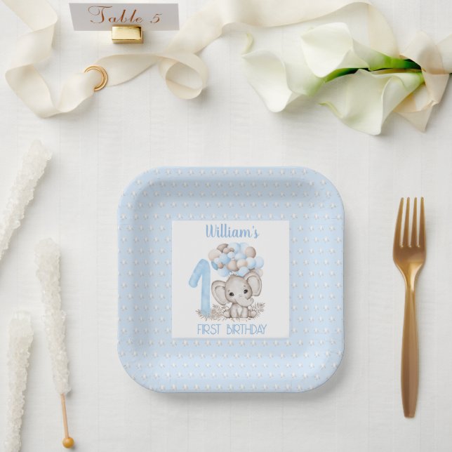 First Birthday Boy Elephant Blue Paper Plates (Wedding)