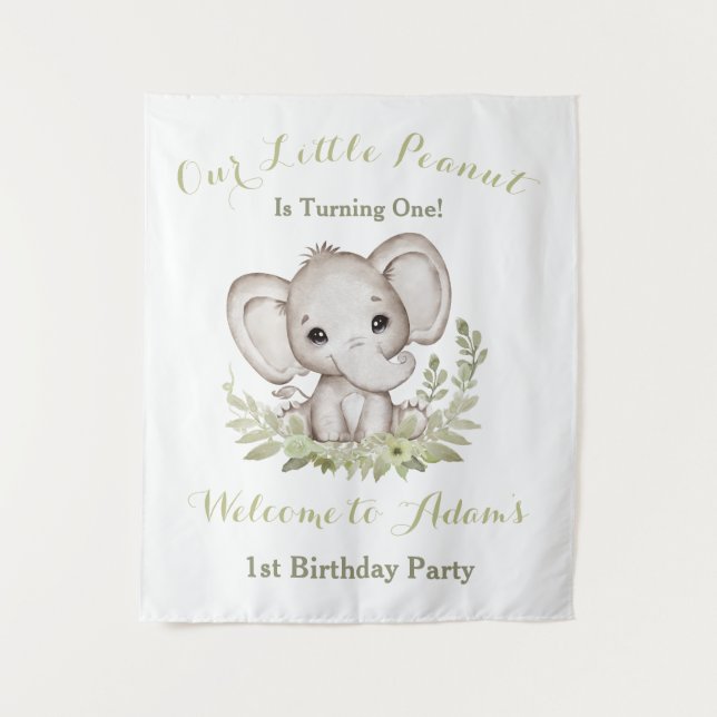 First Birthday Boy Elephant Welcome Sign Tapestry (Front)