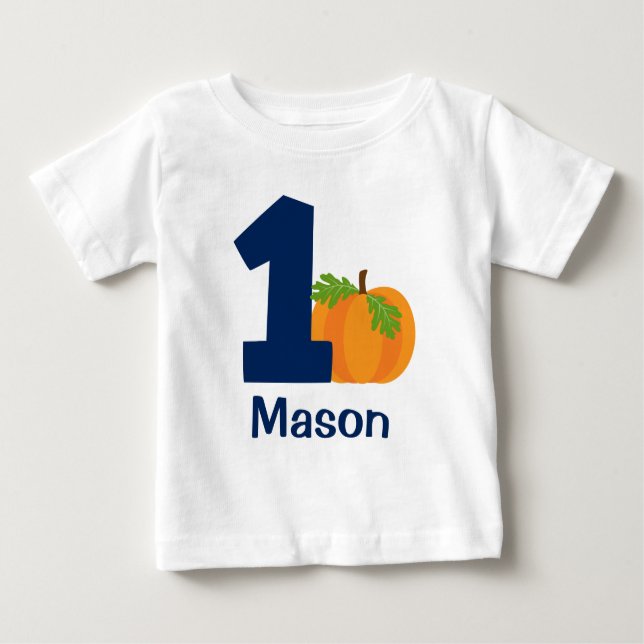 First Birthday Boy Fall Pumpkin Personalised Baby T-Shirt (Front)