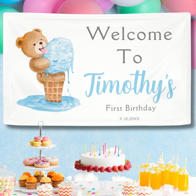 First Birthday Boy Teddy Bear Ice Cream Banner (Creator Uploaded)