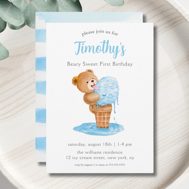First Birthday Boy Teddy Bear Ice Cream Invitation (Creator Uploaded)
