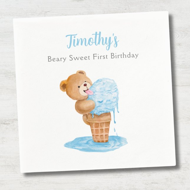 First Birthday Boy Teddy Bear Ice Cream Napkin (Creator Uploaded)