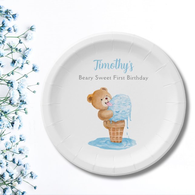 First Birthday Boy Teddy Bear Ice Cream Paper Plate (Creator Uploaded)