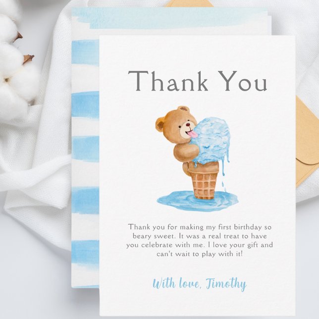 First Birthday Boy Teddy Bear Ice Cream Thank You Card (Creator Uploaded)