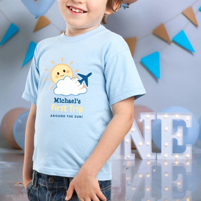 First Birthday Boy Whimsical Aeroplane Sun & Cloud Toddler T-Shirt (Creator Uploaded)