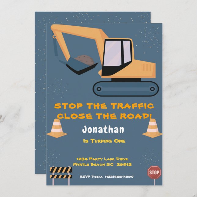  First Birthday Boys Construction Party  Invitation (Front/Back)