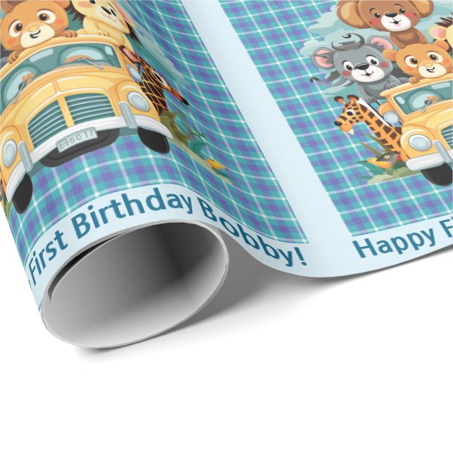 First Birthday Boy's Custom Name Safari Animals Wrapping Paper (Roll Corner)